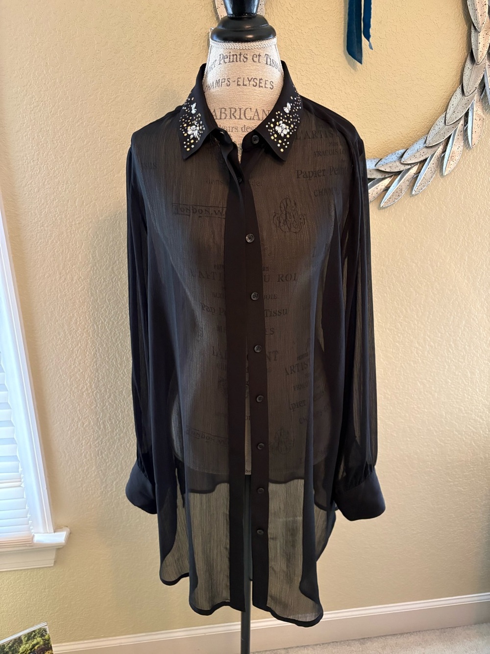 Embellished Collar Black Sheer Women’s Shirt